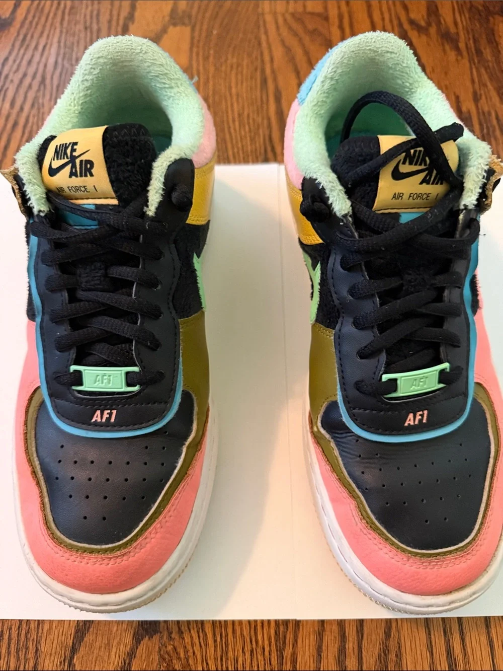 Nike Air Force 1 Multi-Color Low-Top Sneakers in Coral Pink, Mint, & Yellow